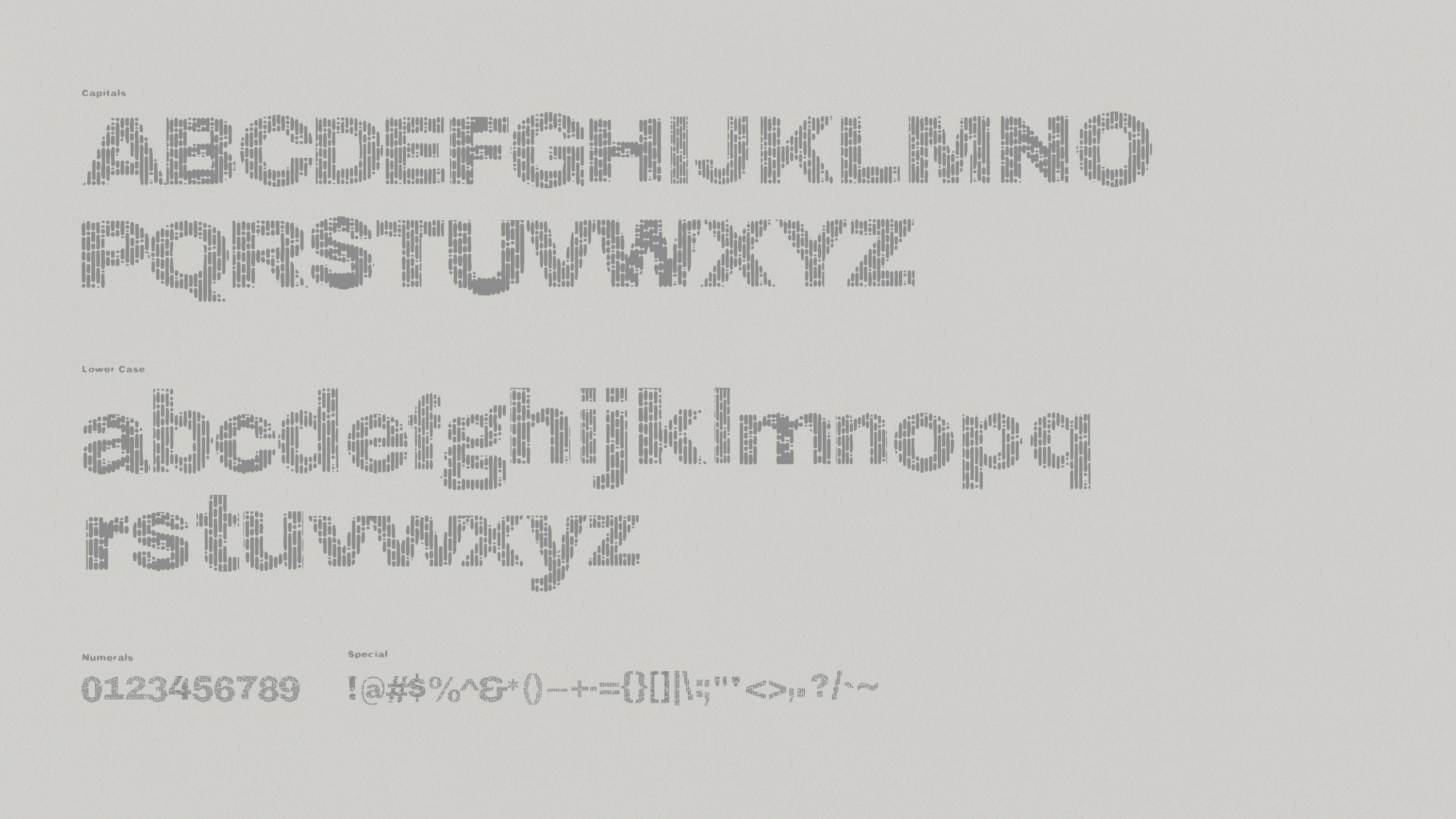 Character set showing capitals, lowercase, numerals and symbols.