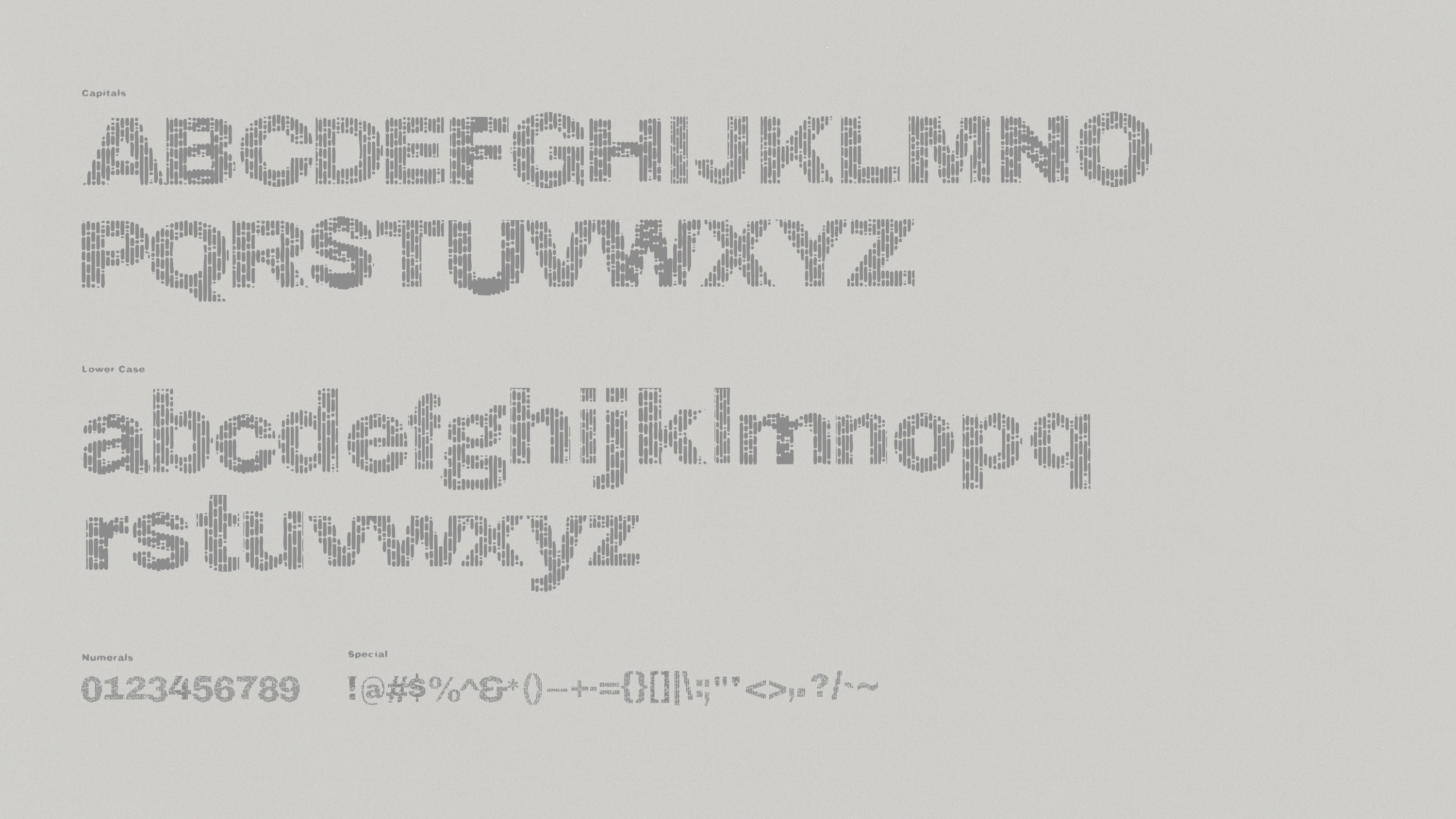 Character set showing capitals, lowercase, numerals and symbols.