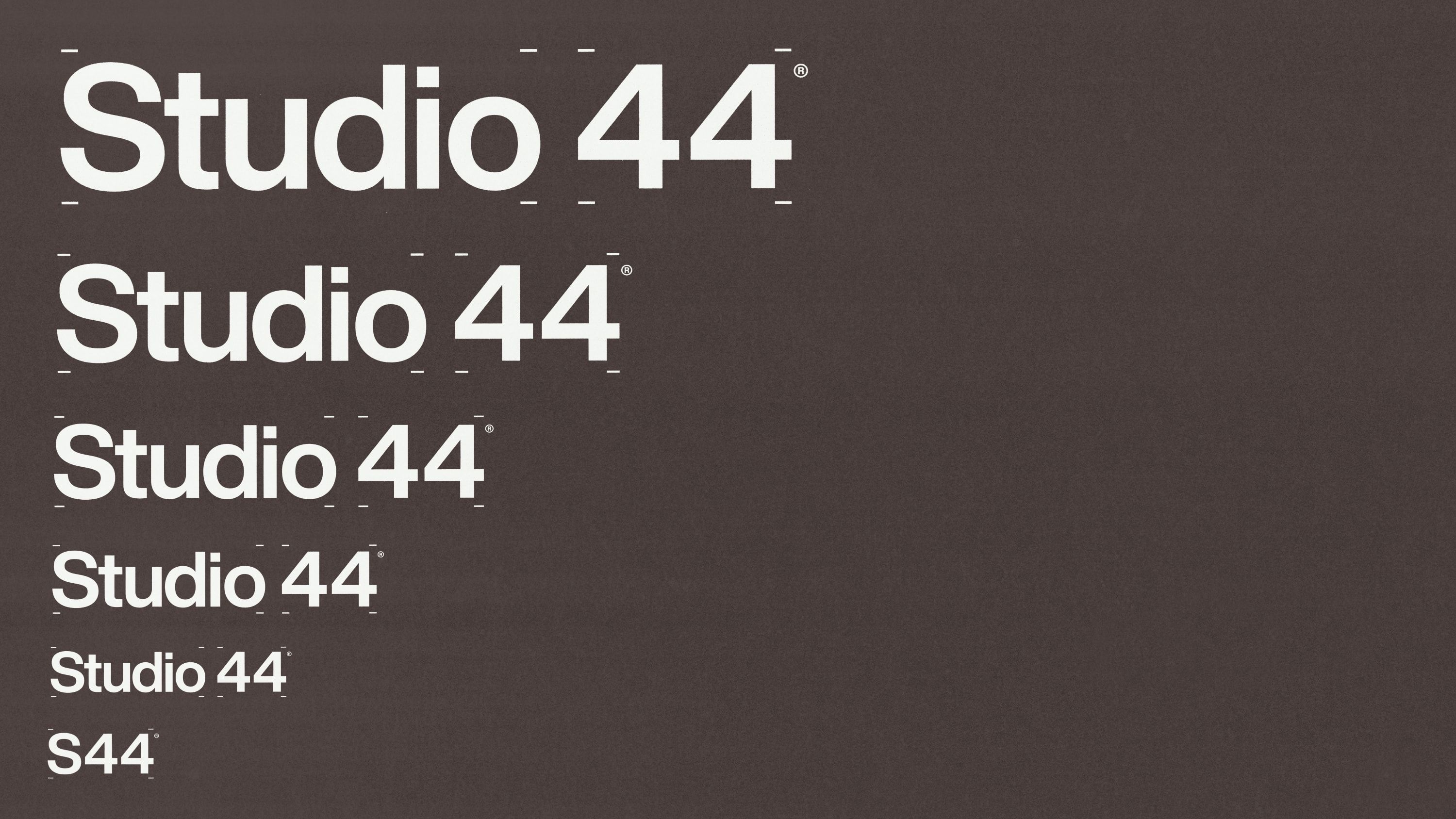The wordmark shown at multiple sizes, progressing from the full name to the abbreviated S44 mark.