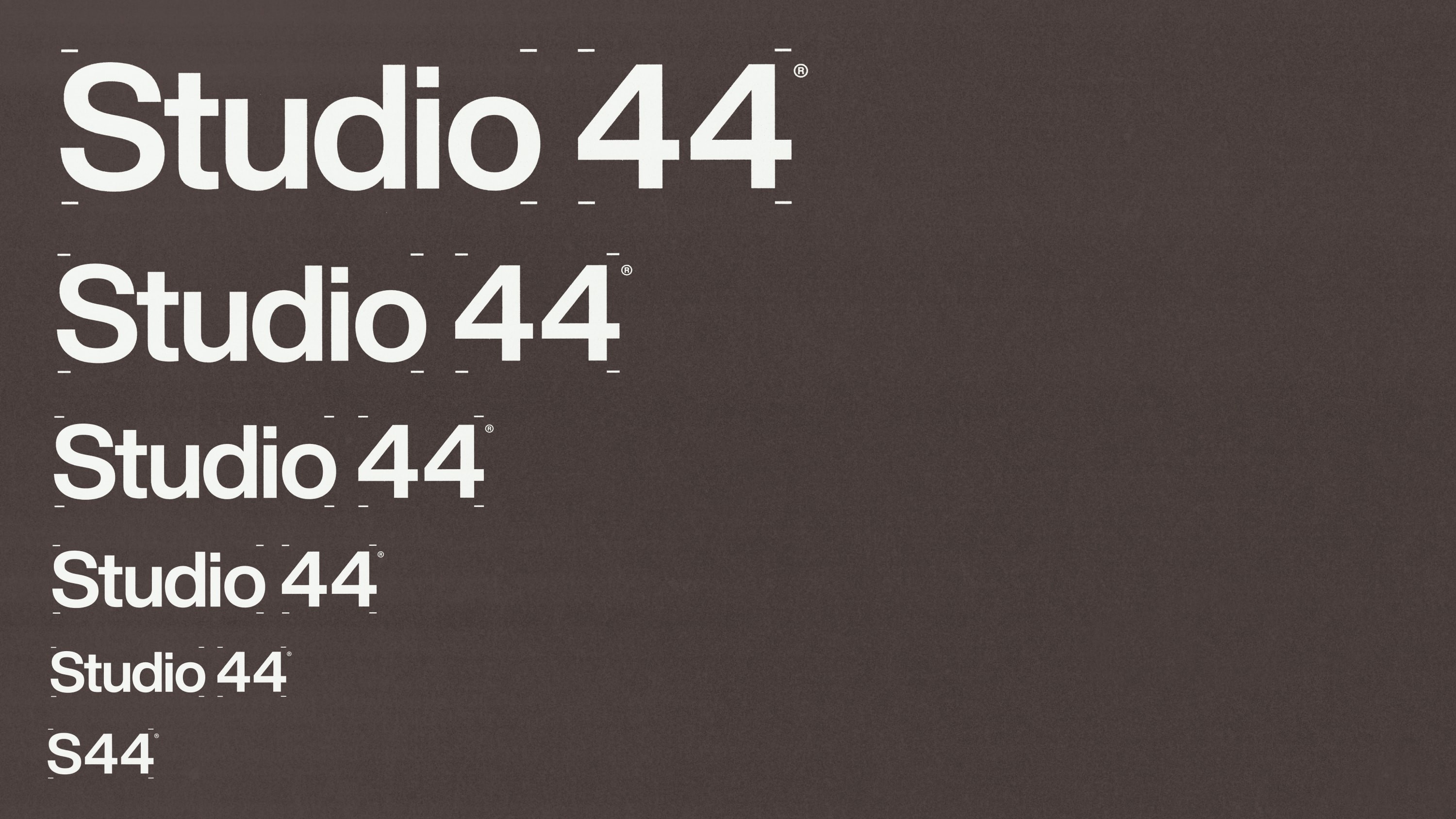 The wordmark shown at multiple sizes, progressing from the full name to the abbreviated S44 mark.