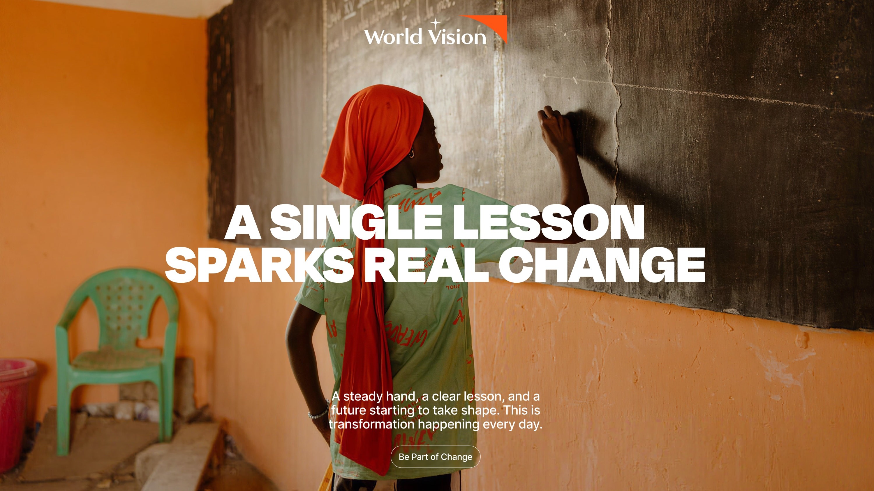 Headline on image of teacher "A SINGLE LESSON SPARKS REAL CHANGE".