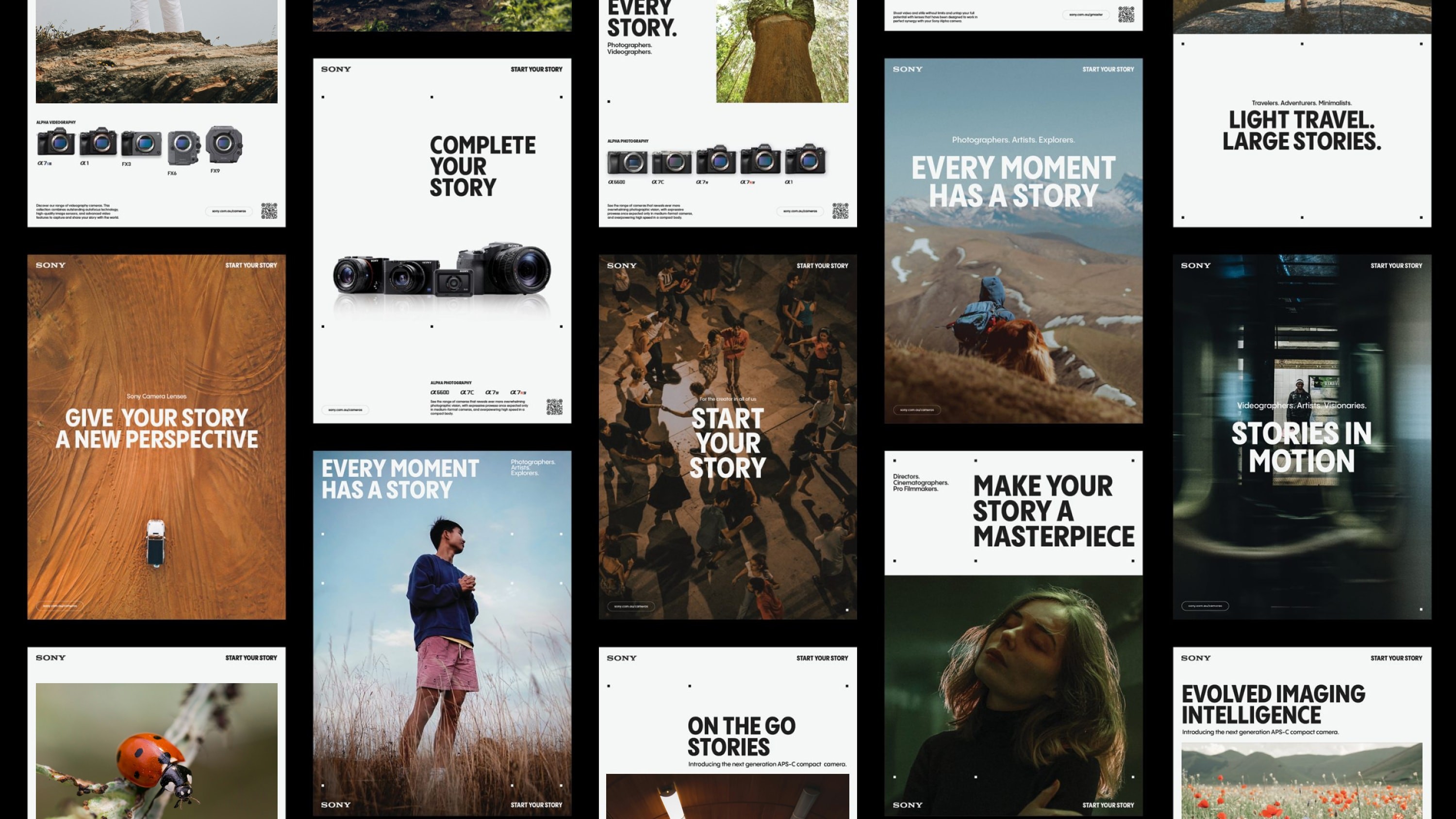 Various posters of the identity. For example a birds eye image of a car driving through a desert with the headline ‘Give your story a new perspective’.
