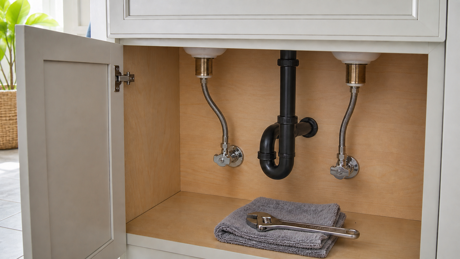 Two braided faucet supply lines connected beneath a bathroom sink