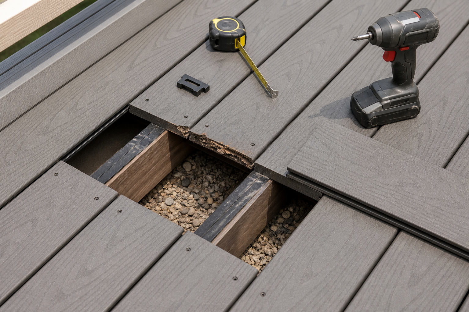 Composite deck boards prepared for a damaged-board repair