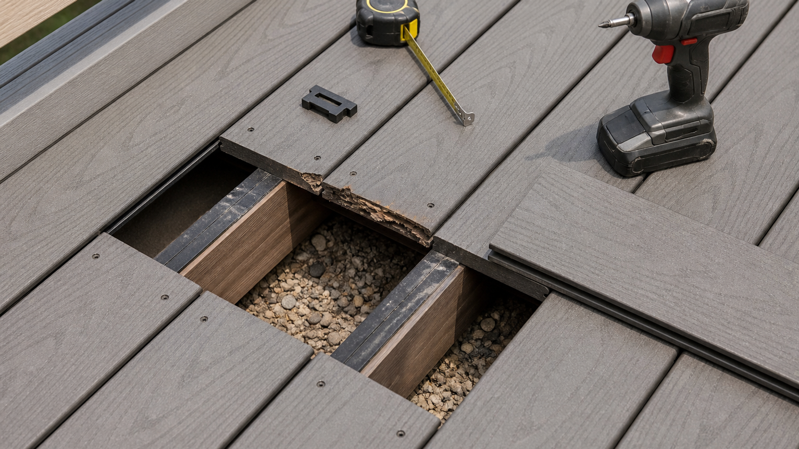 Composite deck boards prepared for a damaged-board repair