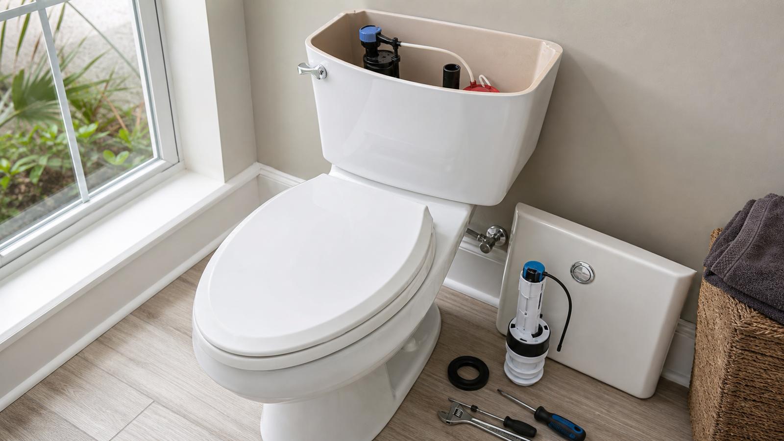 Open toilet tank and water-saving replacement components ready for review