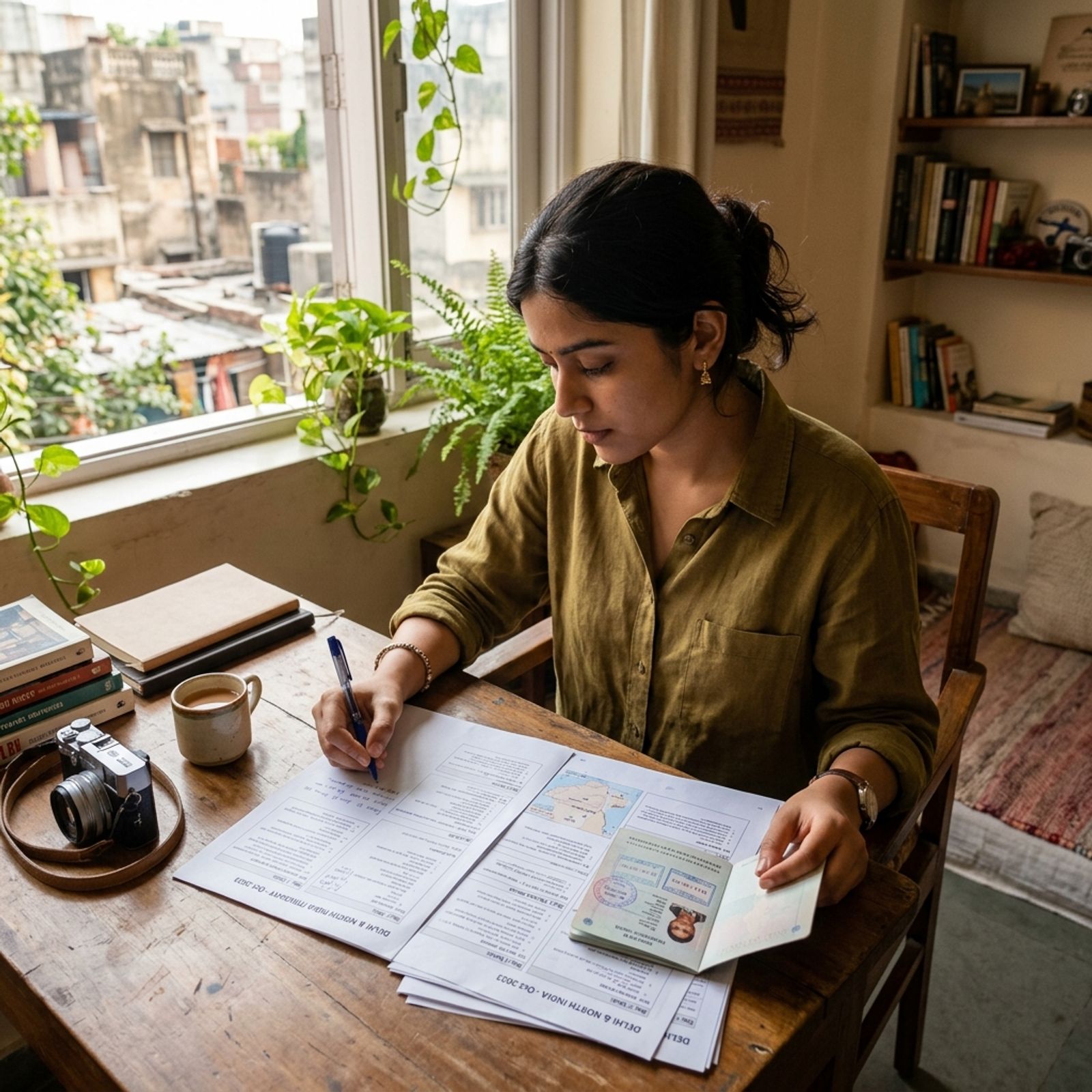 Indian traveler in Delhi reviewing a detailed printed travel itinerary and passport