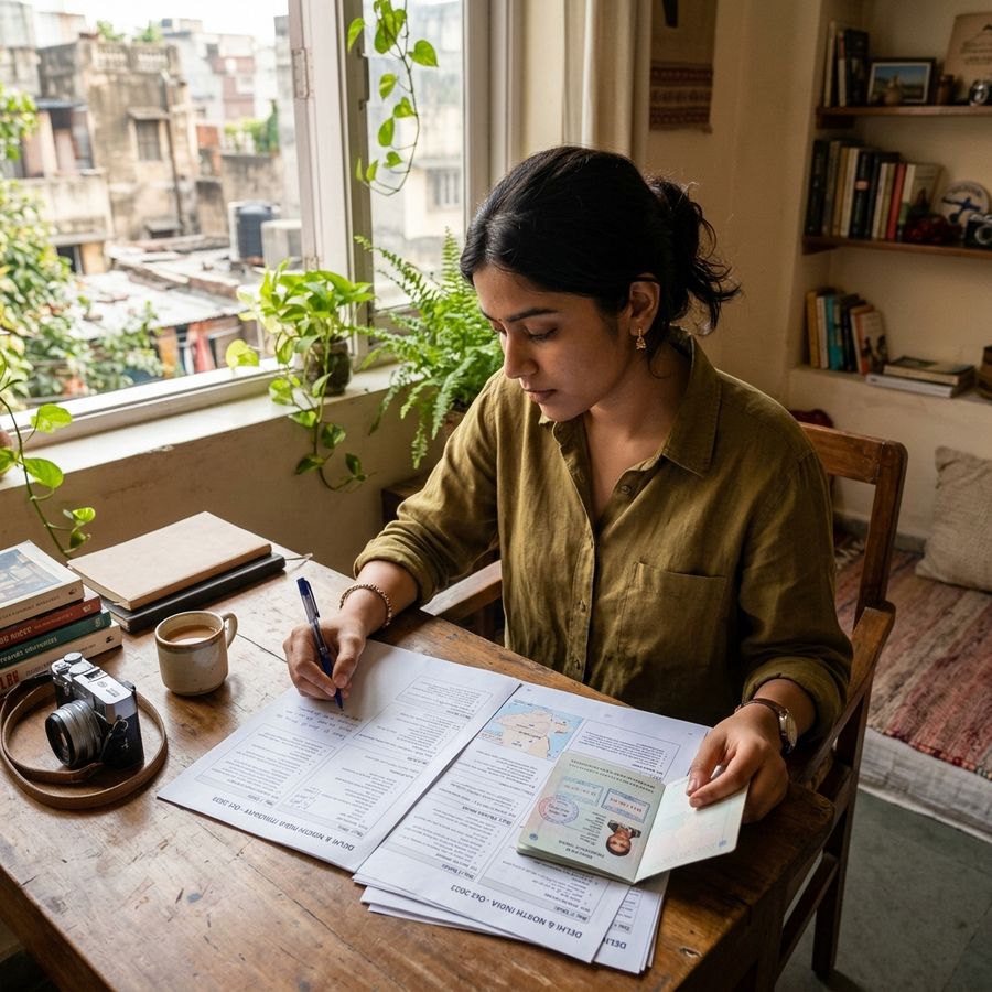 Indian traveler in Delhi reviewing a detailed printed travel itinerary and passport