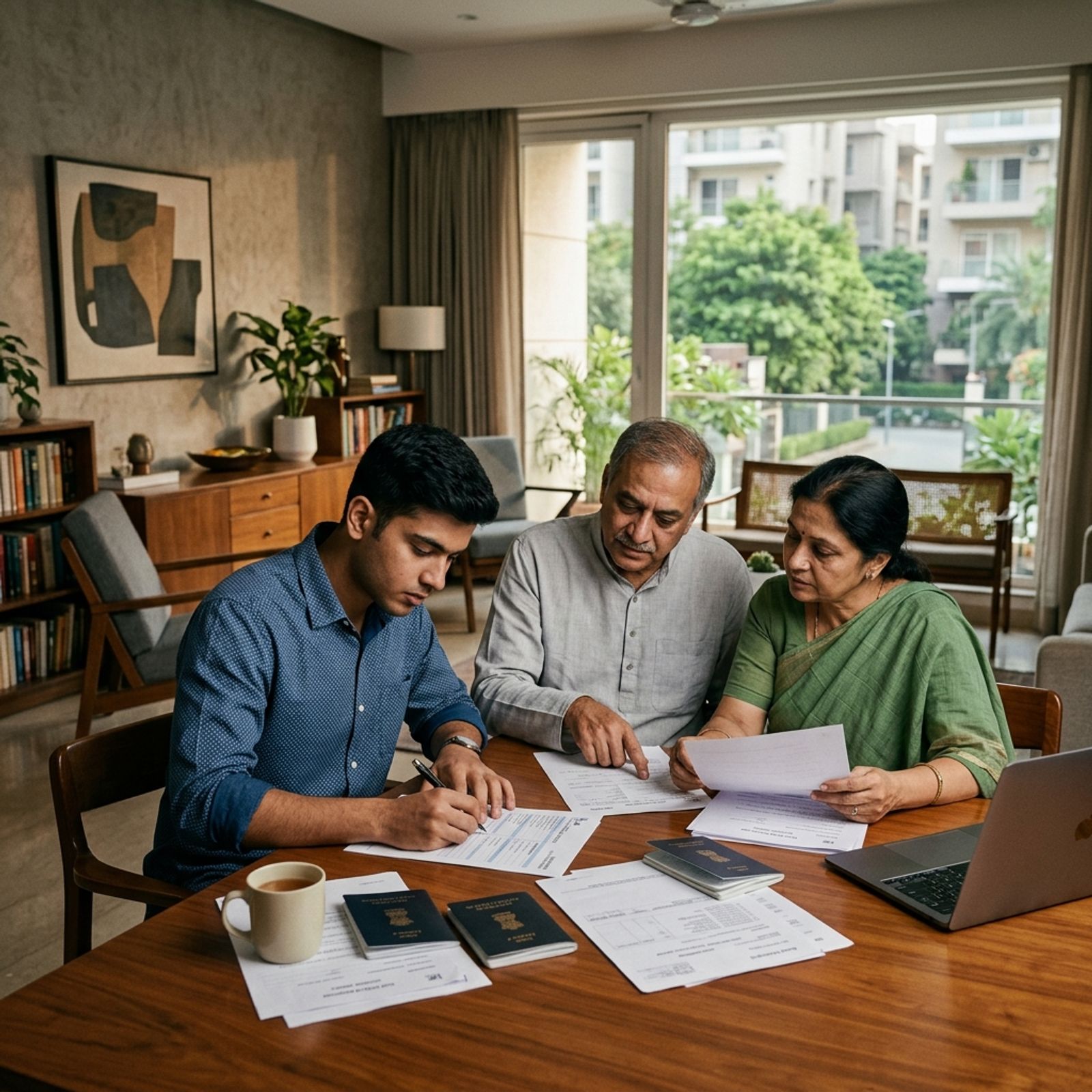 Indian university student filling out visa application forms with parents in a modern Delhi home