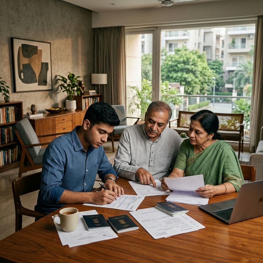Indian university student filling out visa application forms with parents in a modern Delhi home