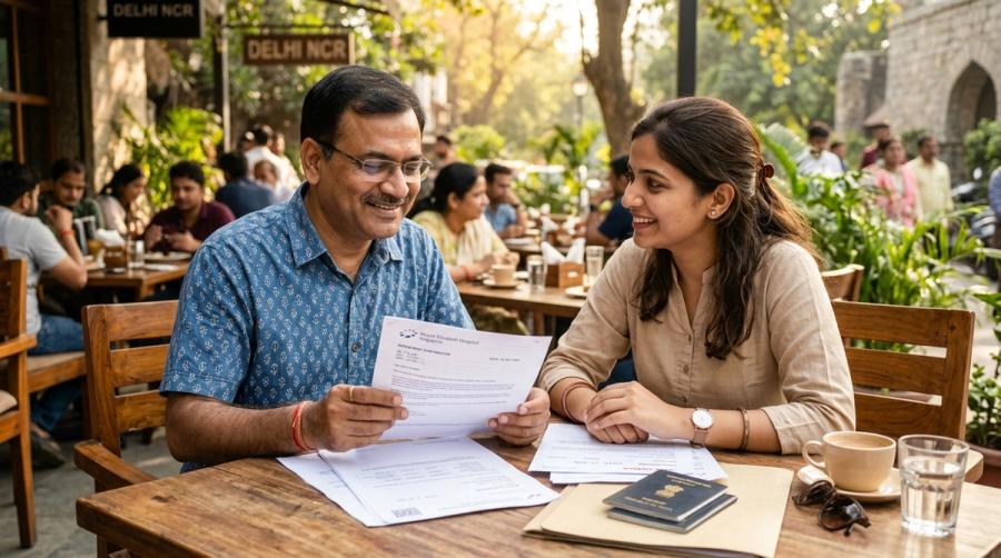 Caring Indian patient and supportive adult daughter attendant sitting at a sunlit cafe in Delhi NCR reviewing Singapore hospital appointment letters and passports