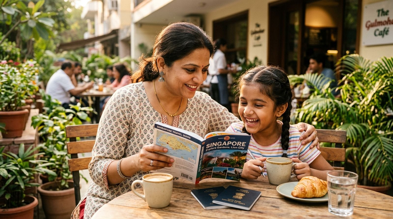 Loving Indian single mother sitting with her young child at an outdoor cafe table in South Delhi reviewing Singapore travel guide and passports