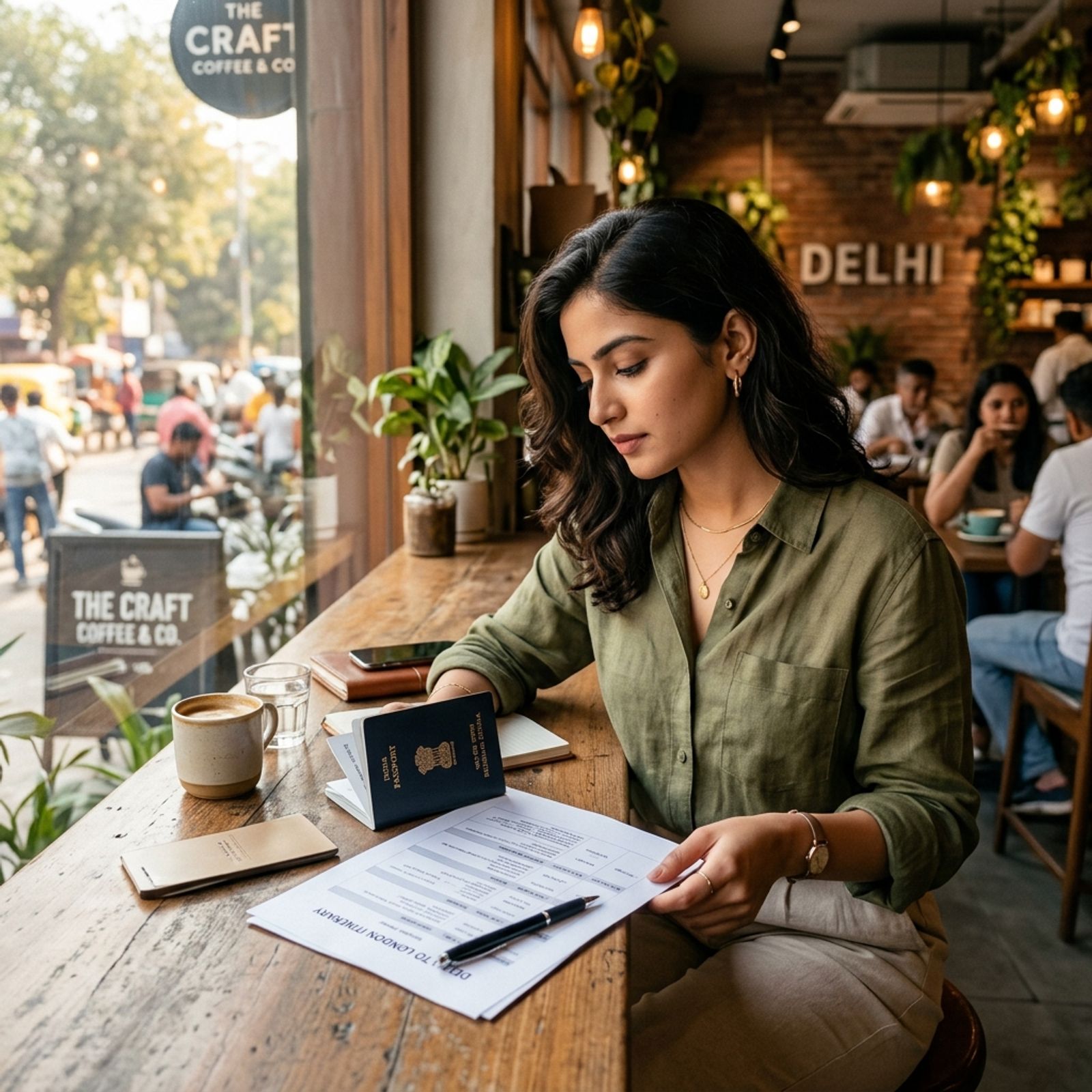 Young Indian woman reviewing her travel itinerary and passport at a chic cafe in Delhi