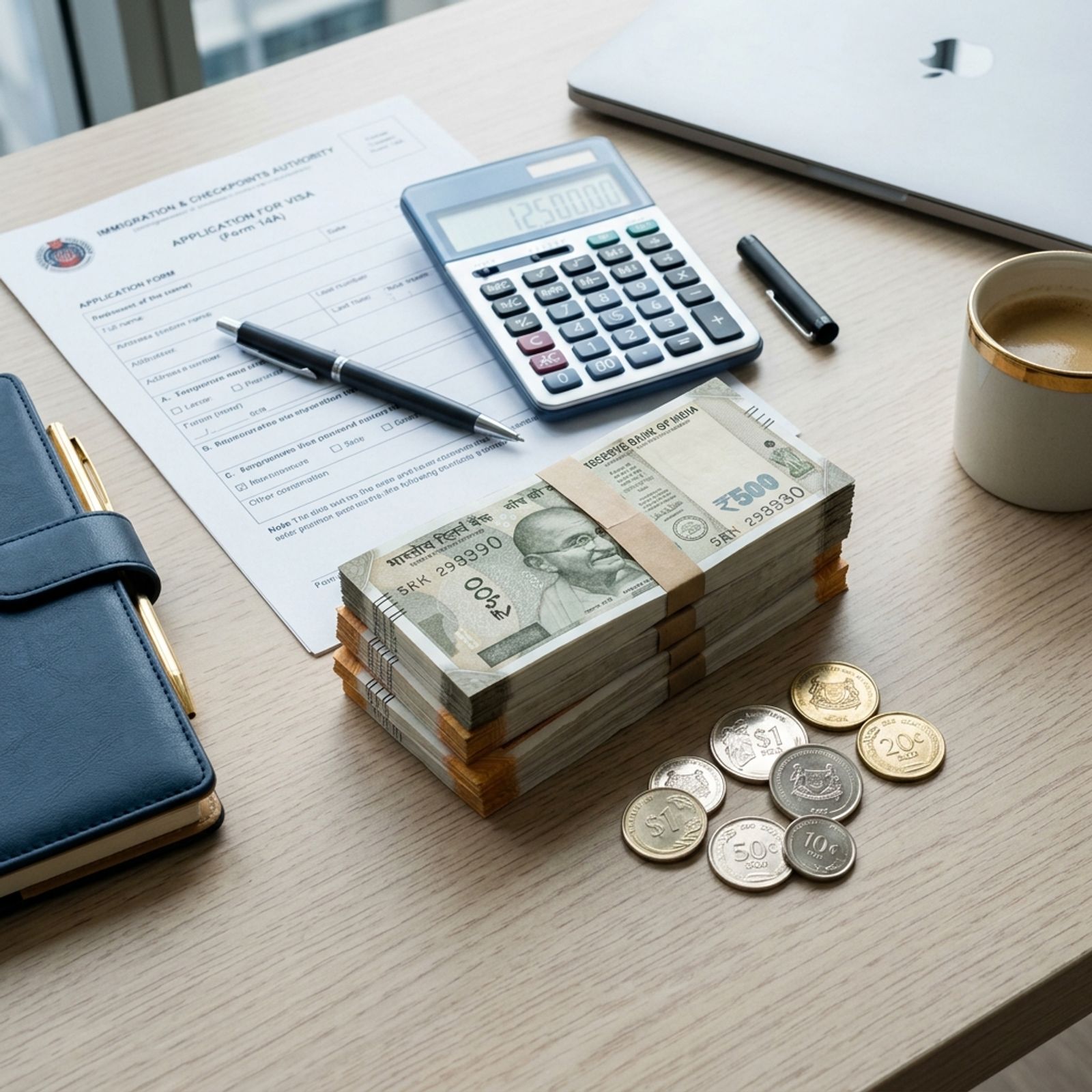 Indian rupee notes and Singapore dollar coins next to a visa application form and calculator
