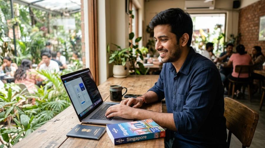 Young Indian remote worker with laptop, passport, and Singapore travel guide at a cafe