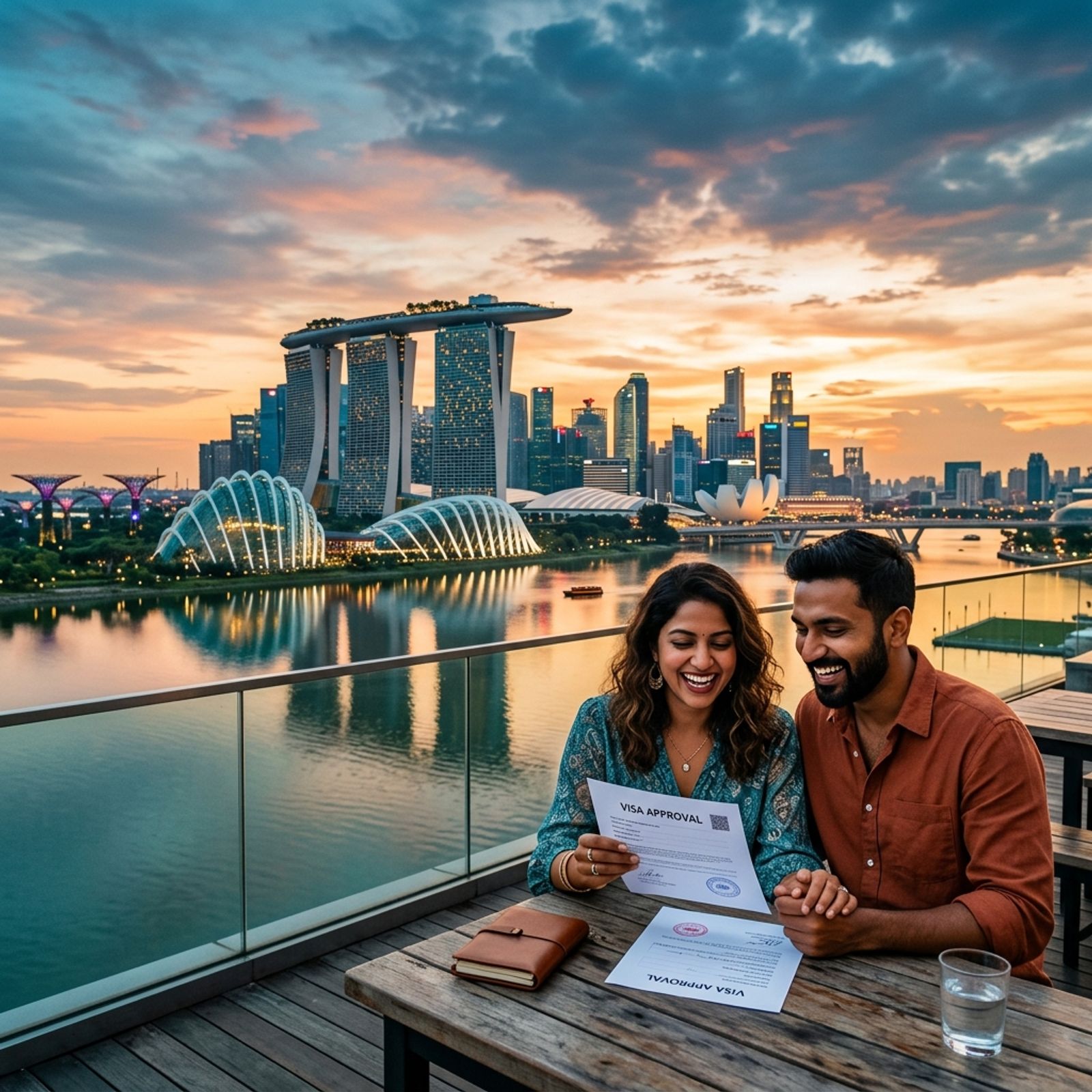 Indian couple celebrating Singapore visa approval with Marina Bay Sands skyline at golden hour