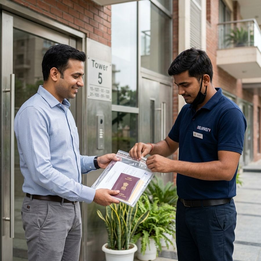 Logistics agent sealing document pouch at Noida doorstep