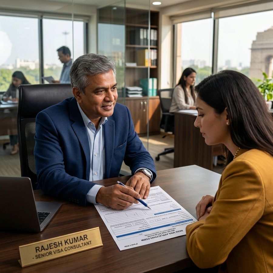 Visa consultant in Delhi pointing at a blank field on a printed visa application form