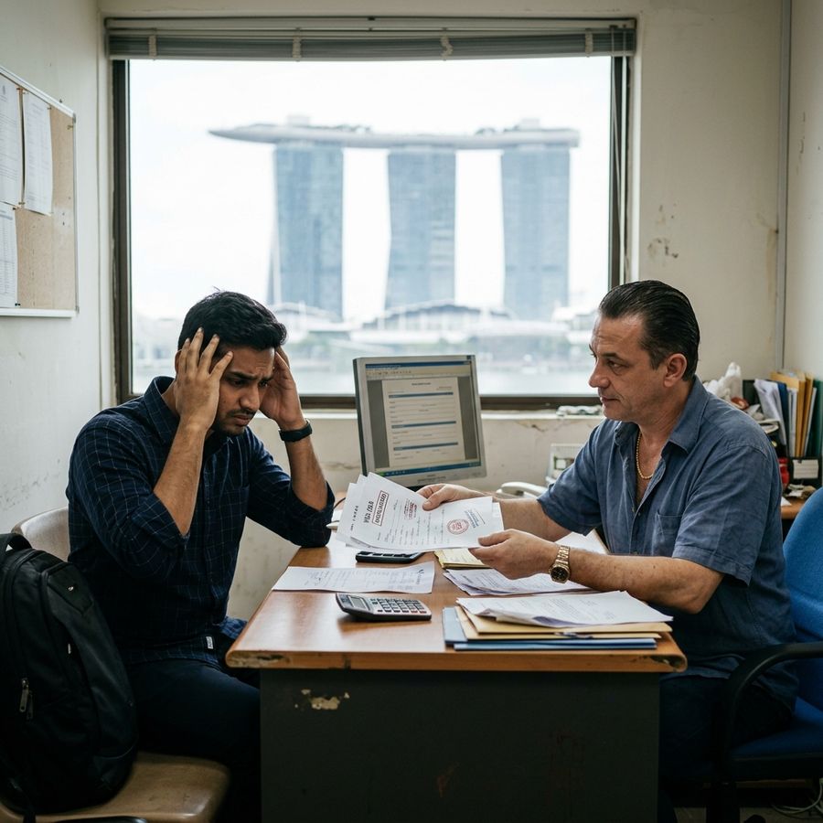 Stressed Indian applicant talking to a shady visa agent across a desk