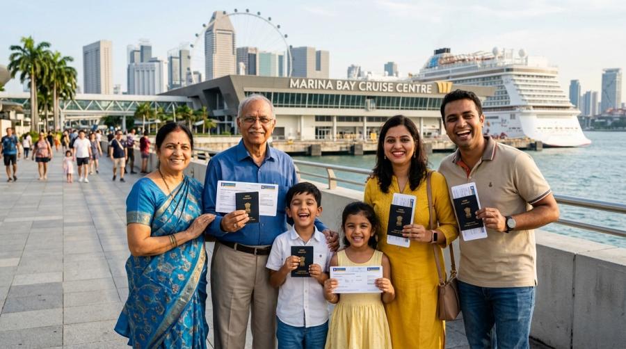 Happy multi-generational Indian family standing near Marina Bay Cruise Centre in Singapore holding cruise vouchers and Indian passports