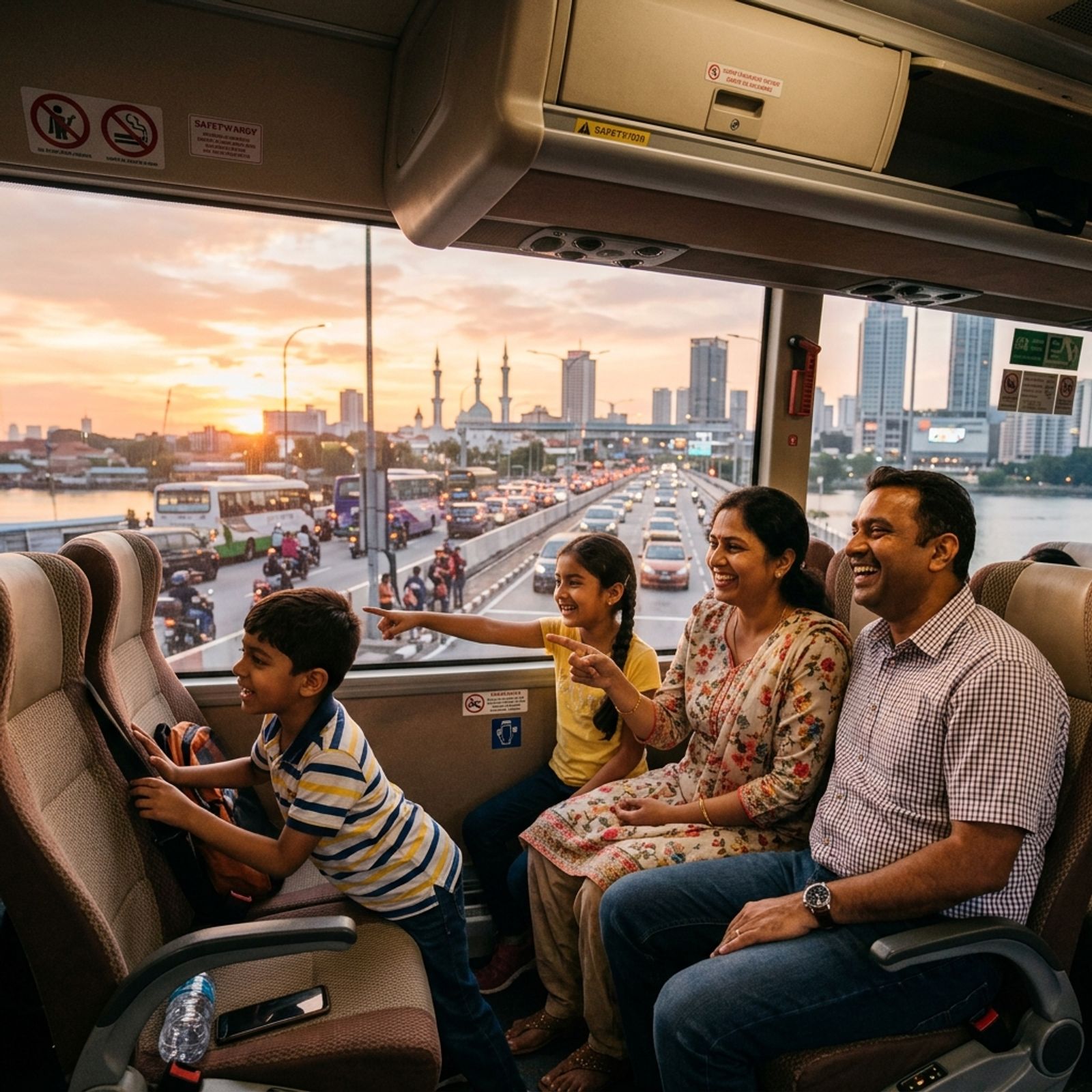 Happy Indian family on a bus crossing Singapore-Malaysia border