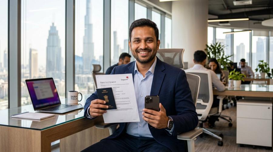 Confident Indian tech professional NRI sitting in a modern office in Dubai holding Indian passport, Singapore tourist visa approval, and smartphone