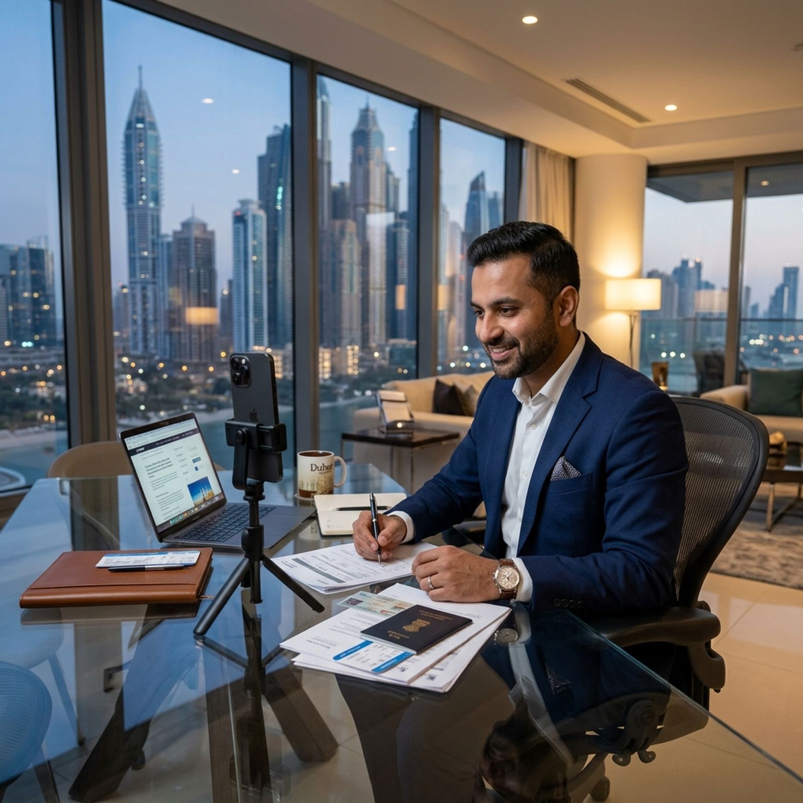 Indian expat professional in Dubai organizing travel documents