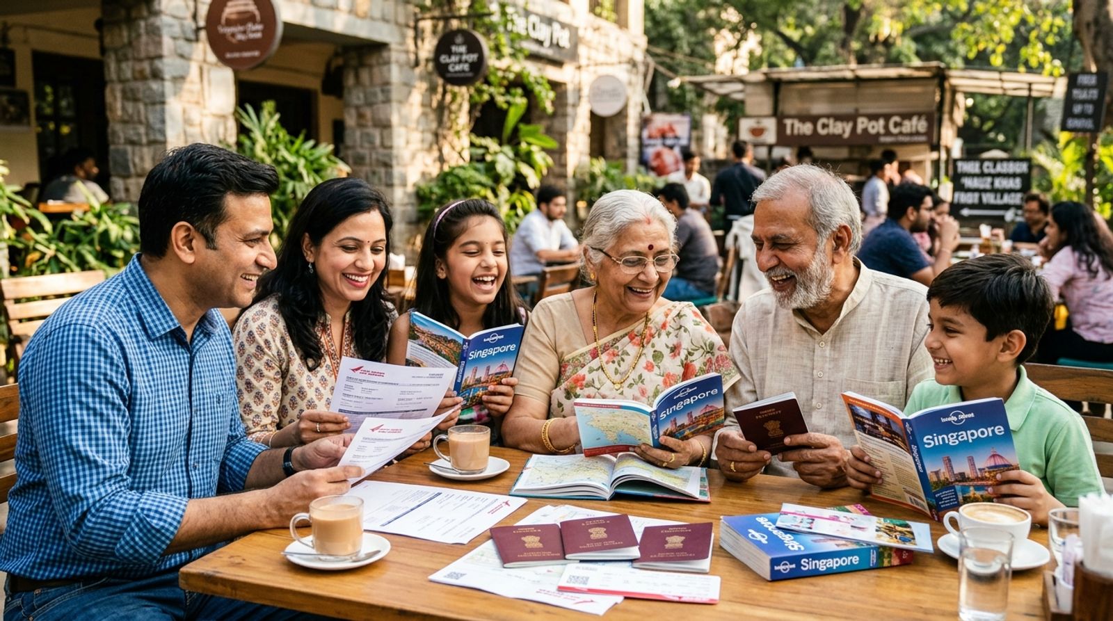 Happy multi-generational Indian family at a sunlit cafe in Delhi NCR reviewing Singapore travel guidebooks, flight itineraries, and Indian passports