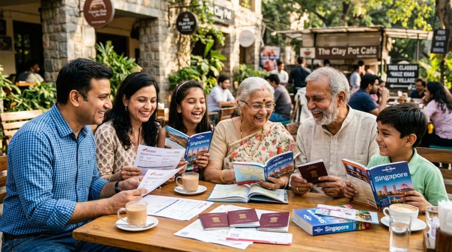 Happy multi-generational Indian family at a sunlit cafe in Delhi NCR reviewing Singapore travel guidebooks, flight itineraries, and Indian passports