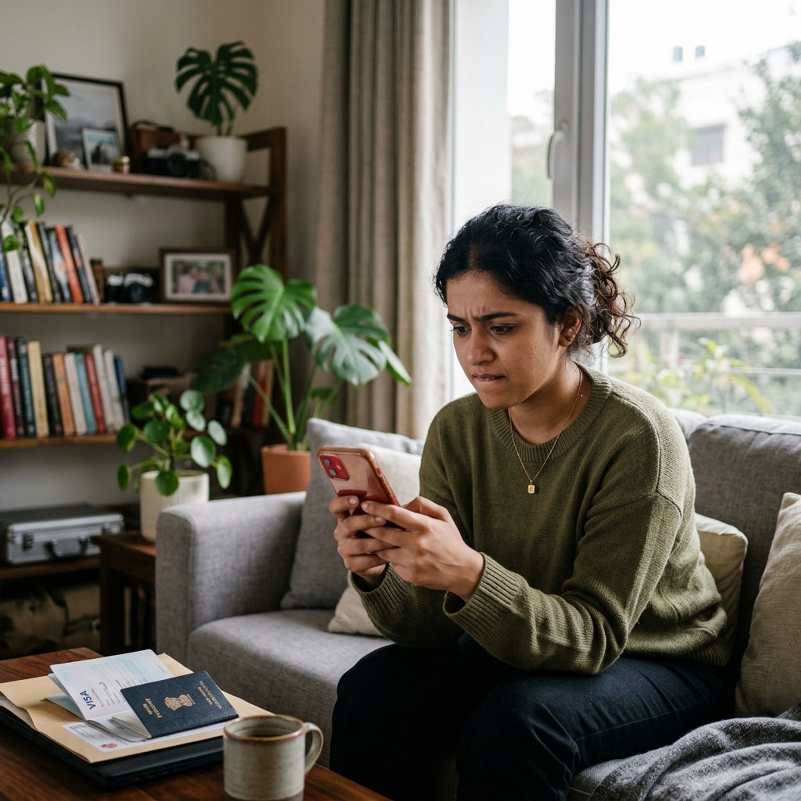 Anxious traveler checking visa status on smartphone