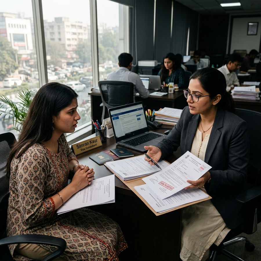 Visa consultant reviewing a rejected visa application document with an anxious client