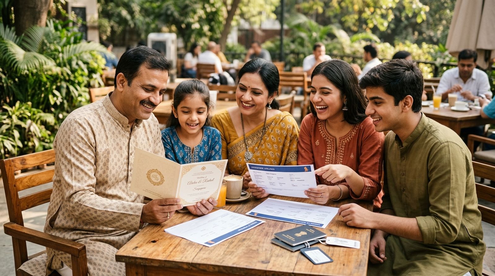 Happy Indian family dressed in festive ethnic attire at a sunlit cafe reviewing Singapore wedding invitation card and passports