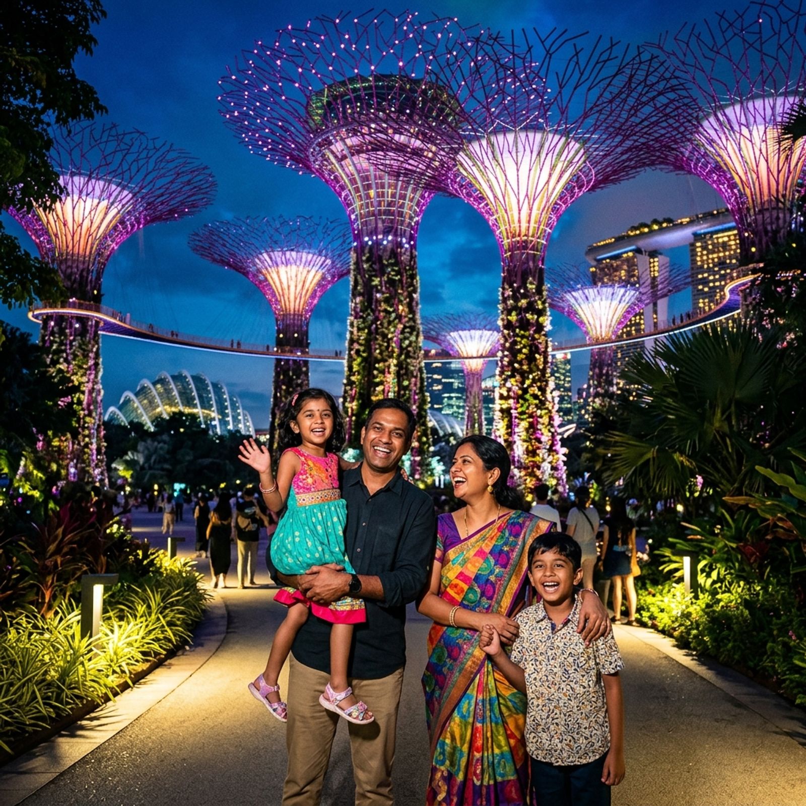 Indian family enjoying the illuminated Supertrees at Gardens by the Bay, Singapore