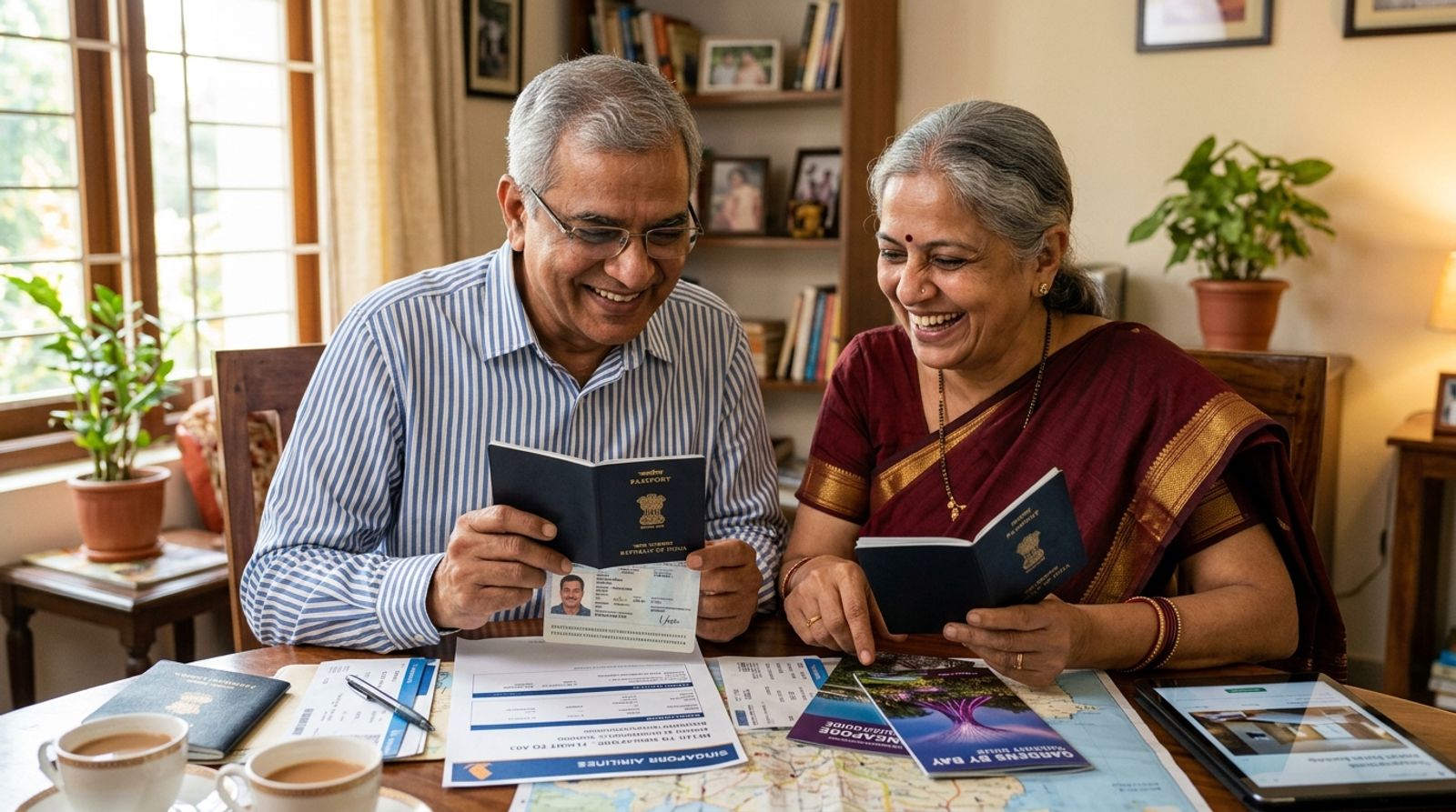 Senior Indian retired couple reviewing passports and Singapore travel documents