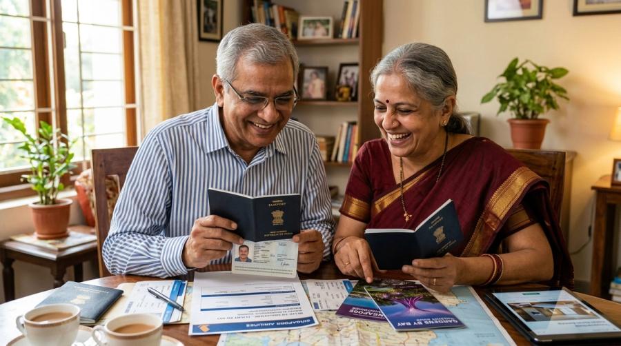 Senior Indian retired couple reviewing passports and Singapore travel documents