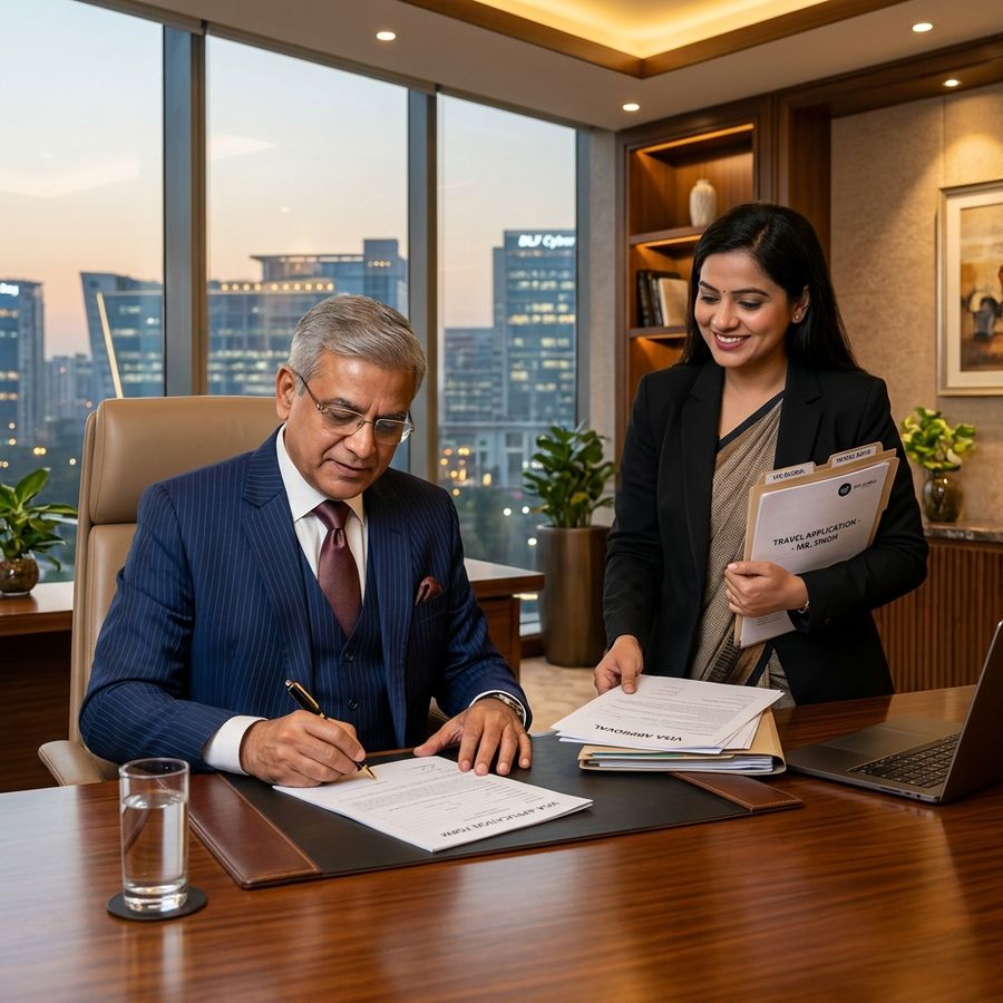Corporate executive signing forms in luxury Cyber City office