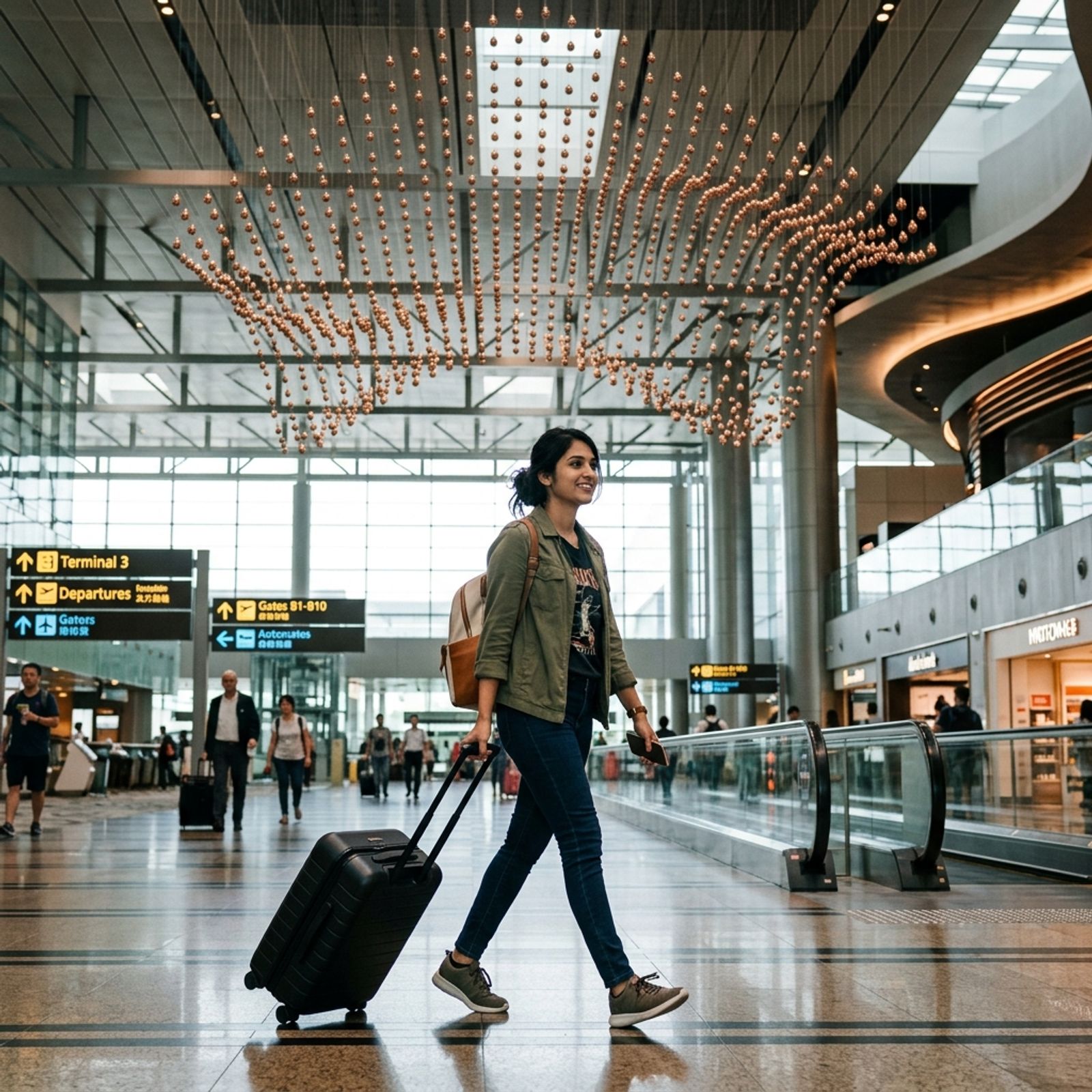 Young Indian solo traveler walking through Changi Airport Terminal 3