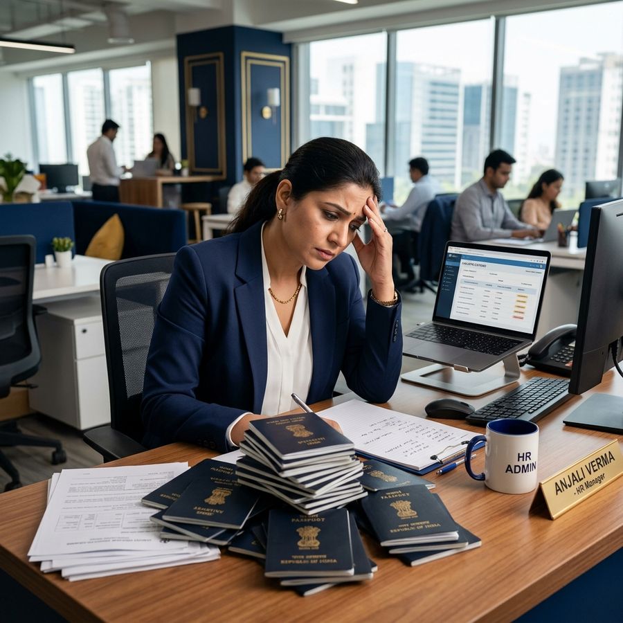 Stressed HR manager dealing with multiple passports on desk