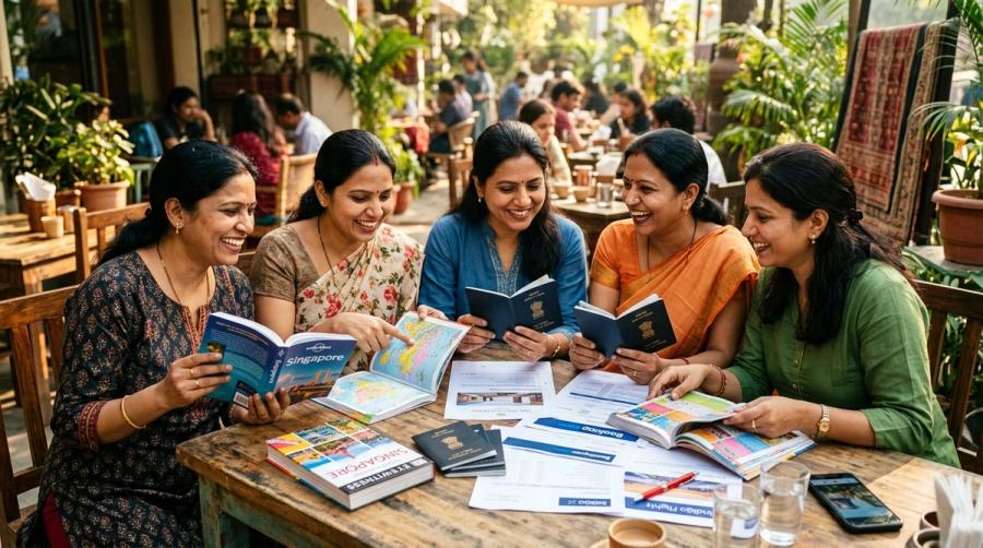 Group of happy Indian women homemakers at a sunlit cafe in Delhi NCR reviewing Singapore travel guidebooks and passports