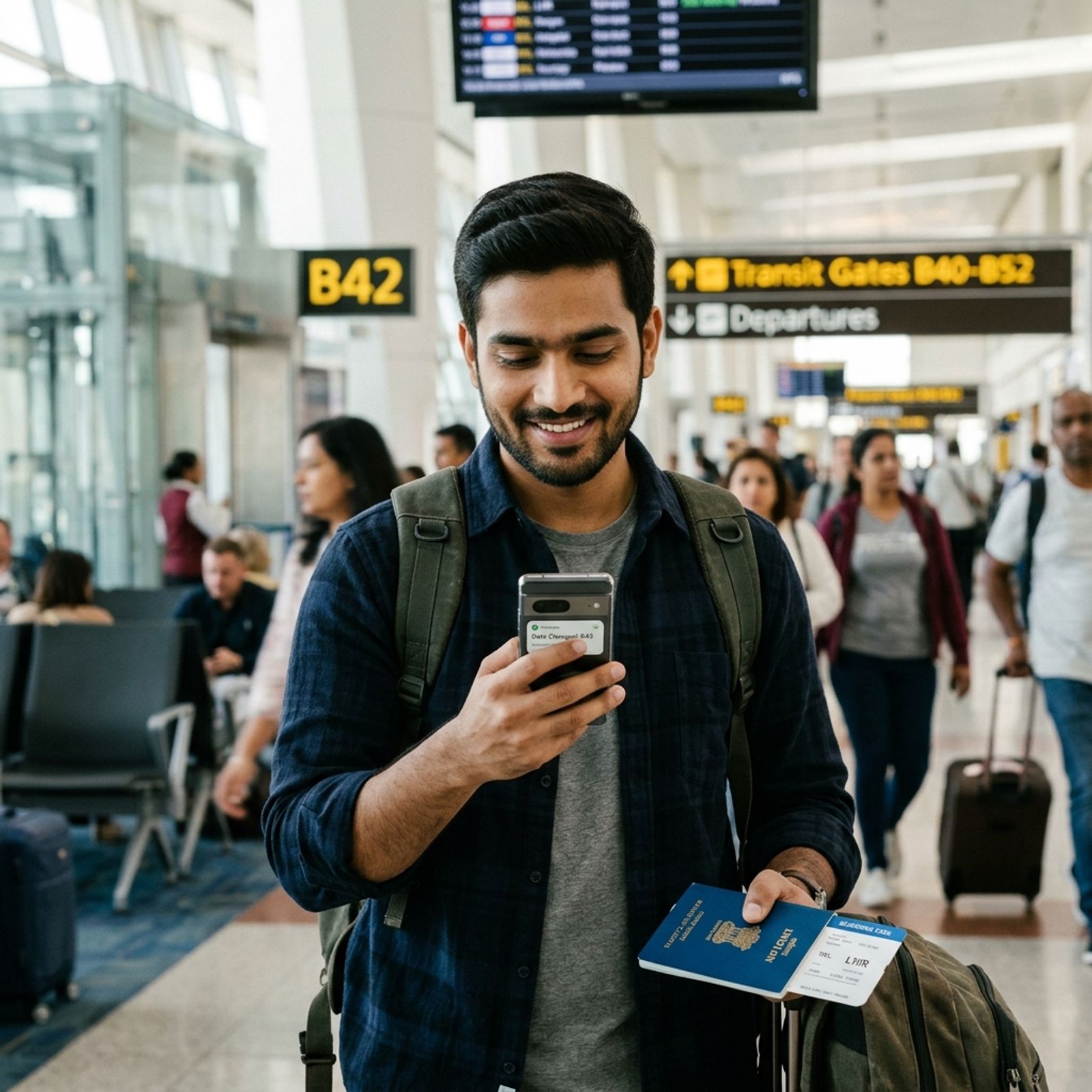 Young Indian traveler checking phone at airport transit zone