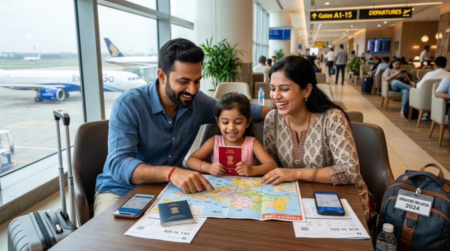 Happy Indian family at airport travel lounge reviewing Singapore and Malaysia dual-country travel map and passports