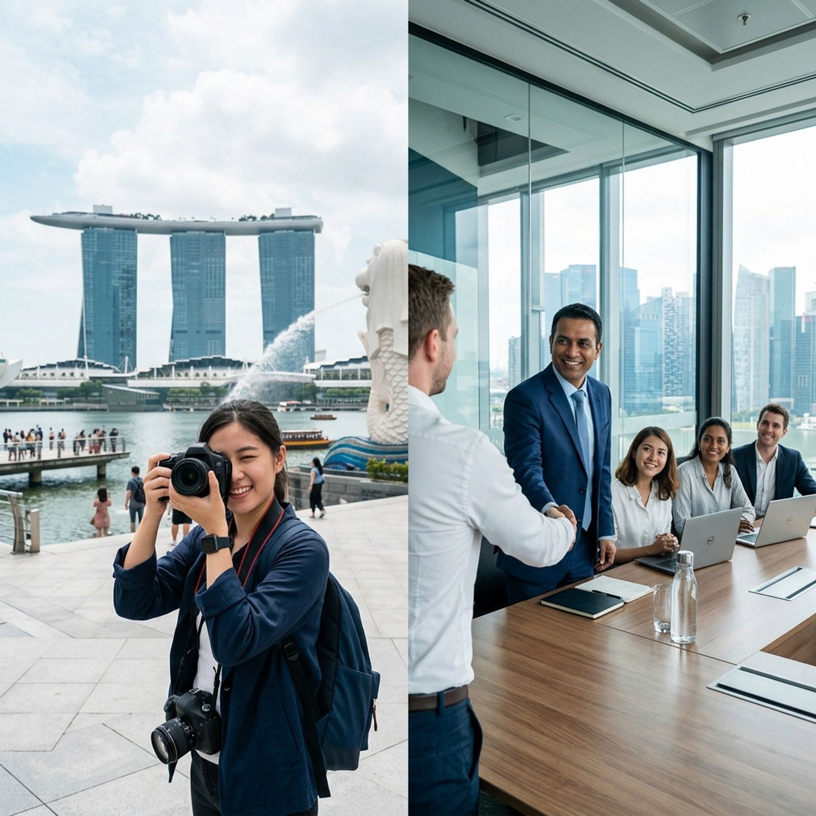 Tourist at Singapore Merlion Park vs Indian businessman in a corporate meeting room — business visa vs tourist visa comparison