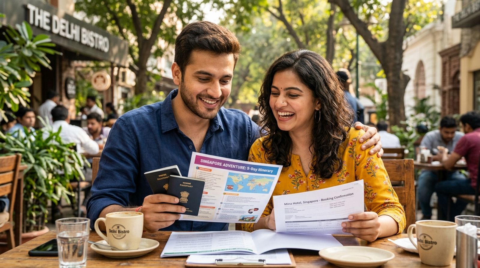 Happy young Indian unmarried couple reviewing passports and Singapore travel itinerary at a cafe