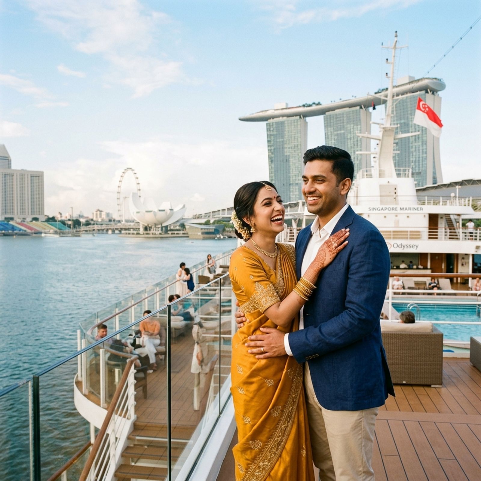 Indian honeymoon couple on a luxury cruise ship departing Marina Bay