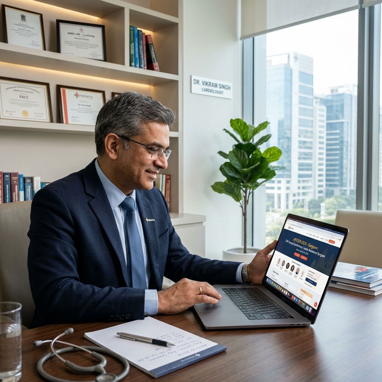 Indian doctor in a clinic setting looking at medical conference details on a laptop