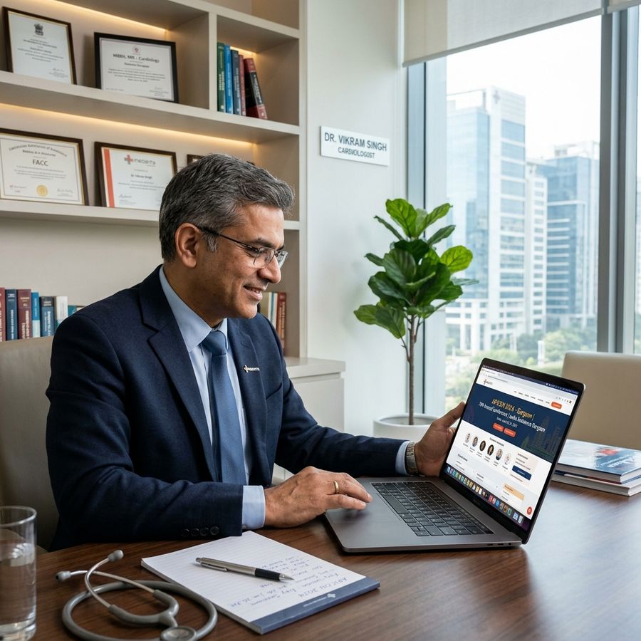 Indian doctor in a clinic setting looking at medical conference details on a laptop
