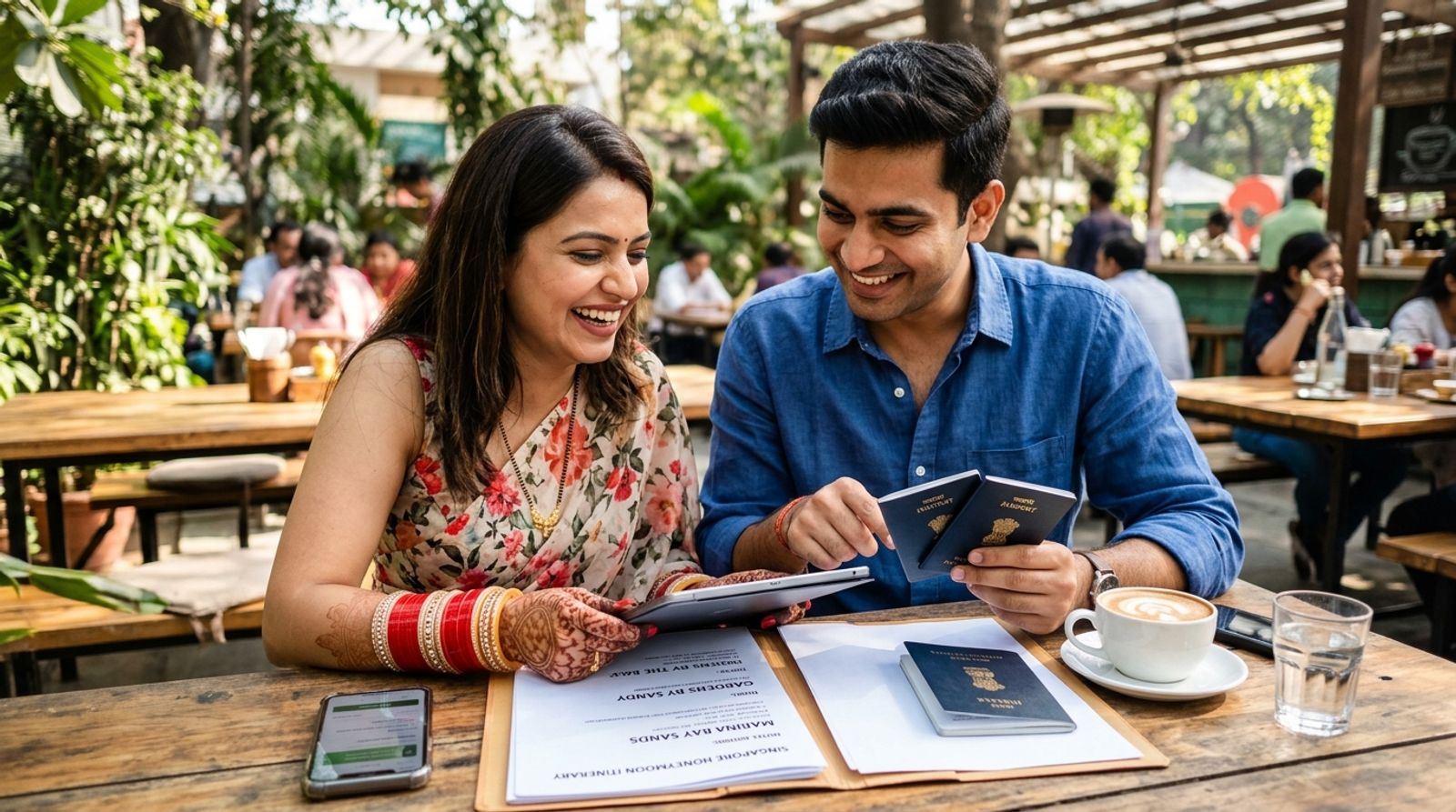 Happy newly married Indian couple at a sunlit cafe reviewing Singapore honeymoon travel itinerary and Indian passports