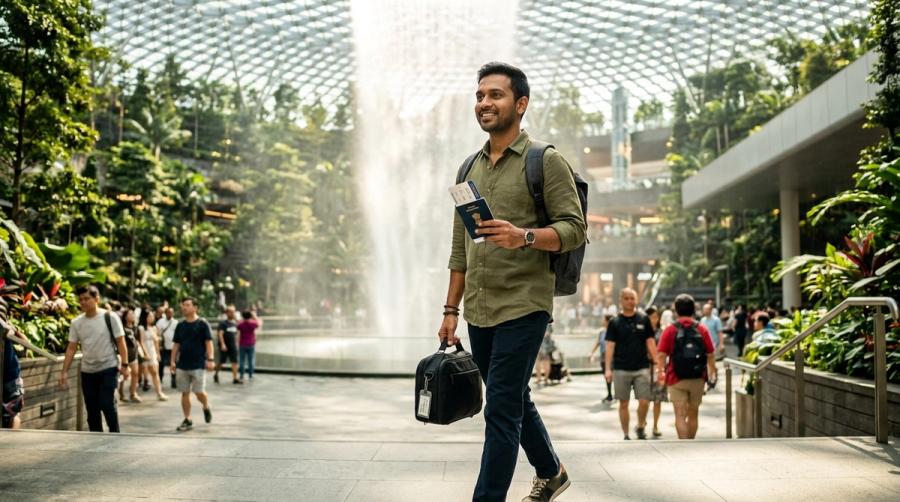 Indian traveler walking confidently inside sunlit Jewel waterfall terminal at Singapore Changi Airport holding passport and boarding pass