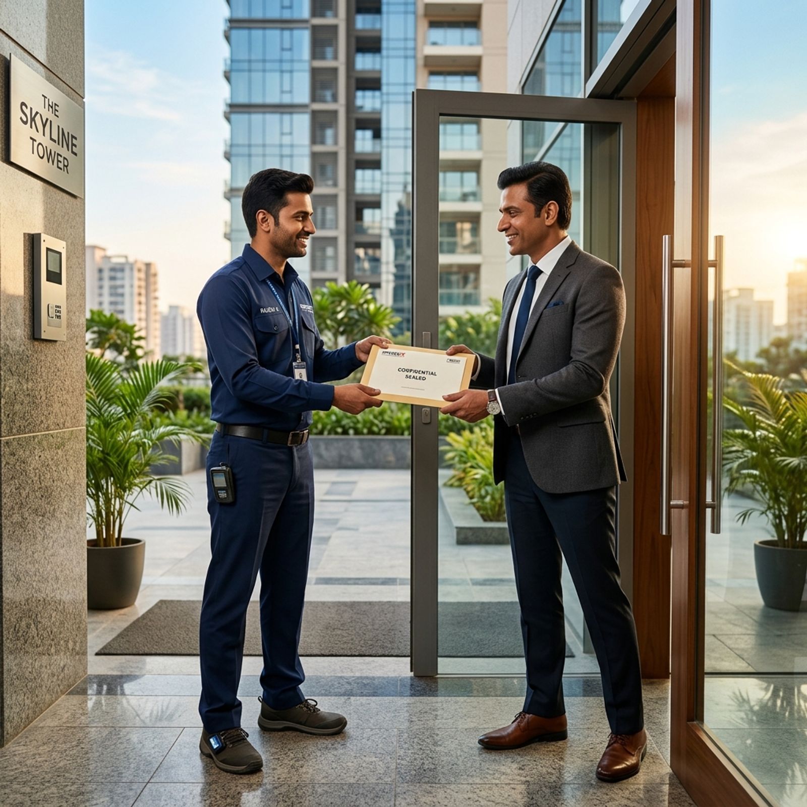 Professional courier handing sealed visa documents to corporate professional in Gurgaon