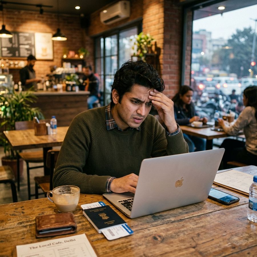 Indian traveler checking flight options on a laptop in a Delhi cafe